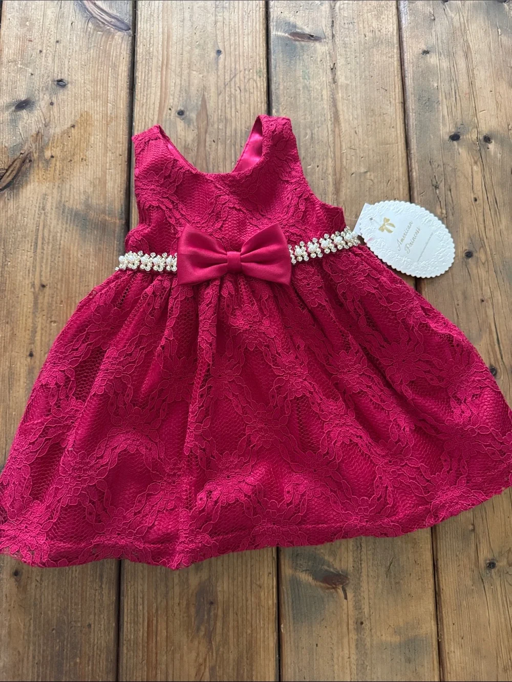 American Princess Fuchsia Lace Bow Dress with Pearl Waist